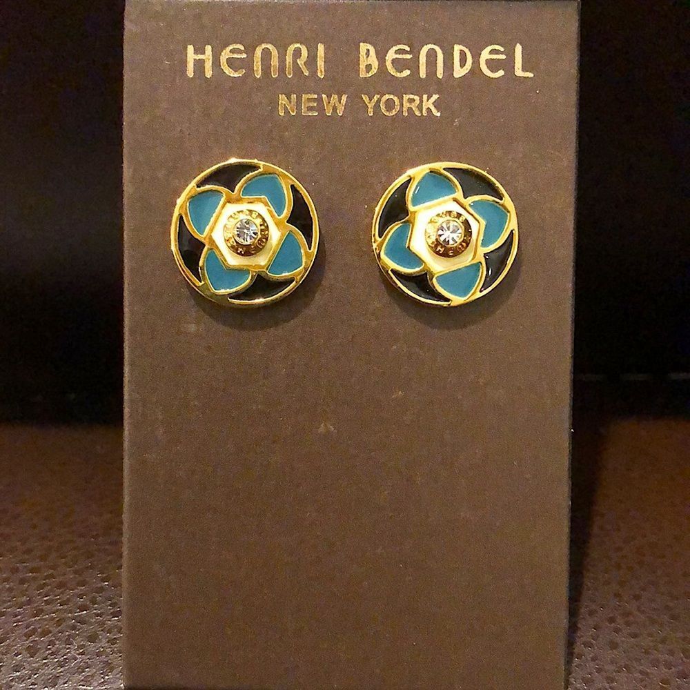 Henri Bendel Earrings Turquoise Black and Gold Floral Studs NEW ON CARD